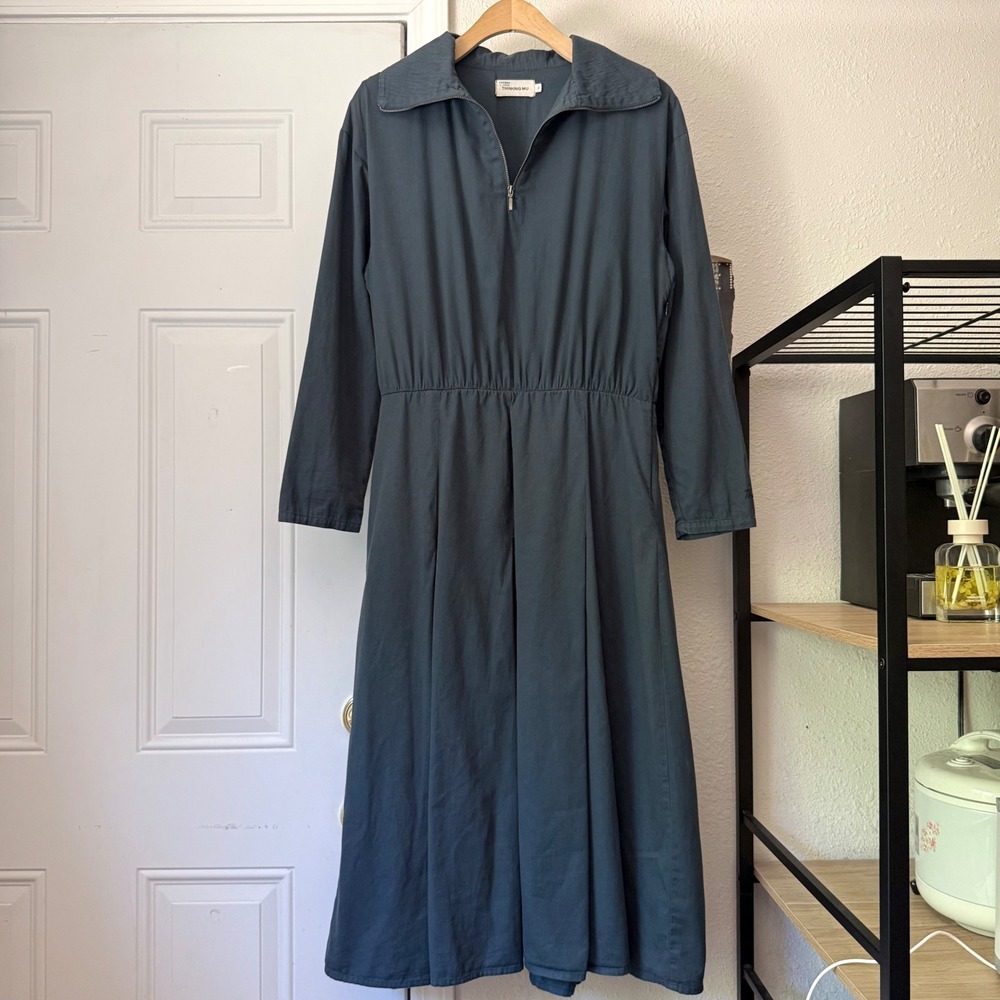 THINKING MU navy blue zip up cotton long sleeve midi shirt dress